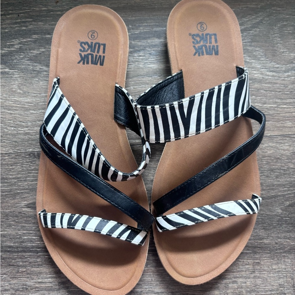 Muk Luks Black and White Zebra-Print Strappy Slide Sandals
